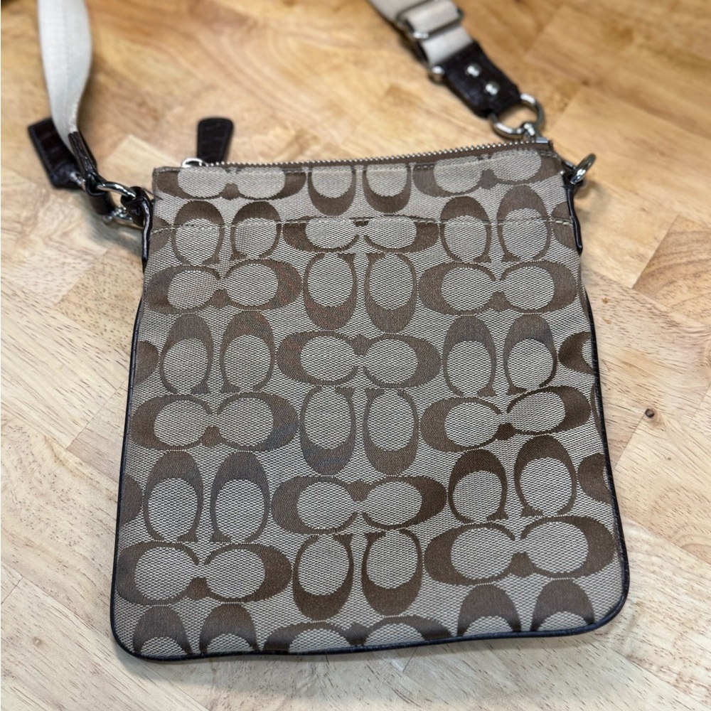 Coach Signature C Brown Tan Crossbody Bag | Leather Trim Small Purse Zip Top - Picture 5 of 12